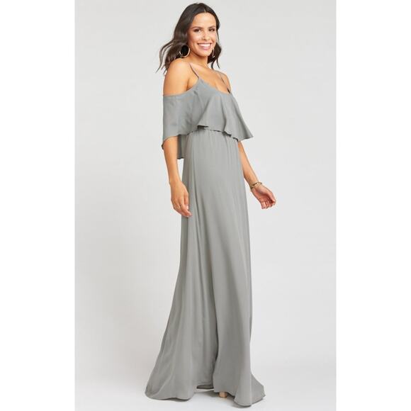 Show Me Your Mumu Caitlin Ruffle Maxi Dress Cold Shoulder Charcoal Crisp Small - Picture 4 of 7